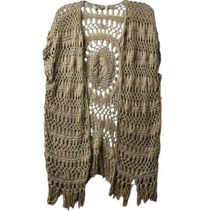 Say What long open fringe crochet sleeveless boho festival tan Cardigan Sz Small
